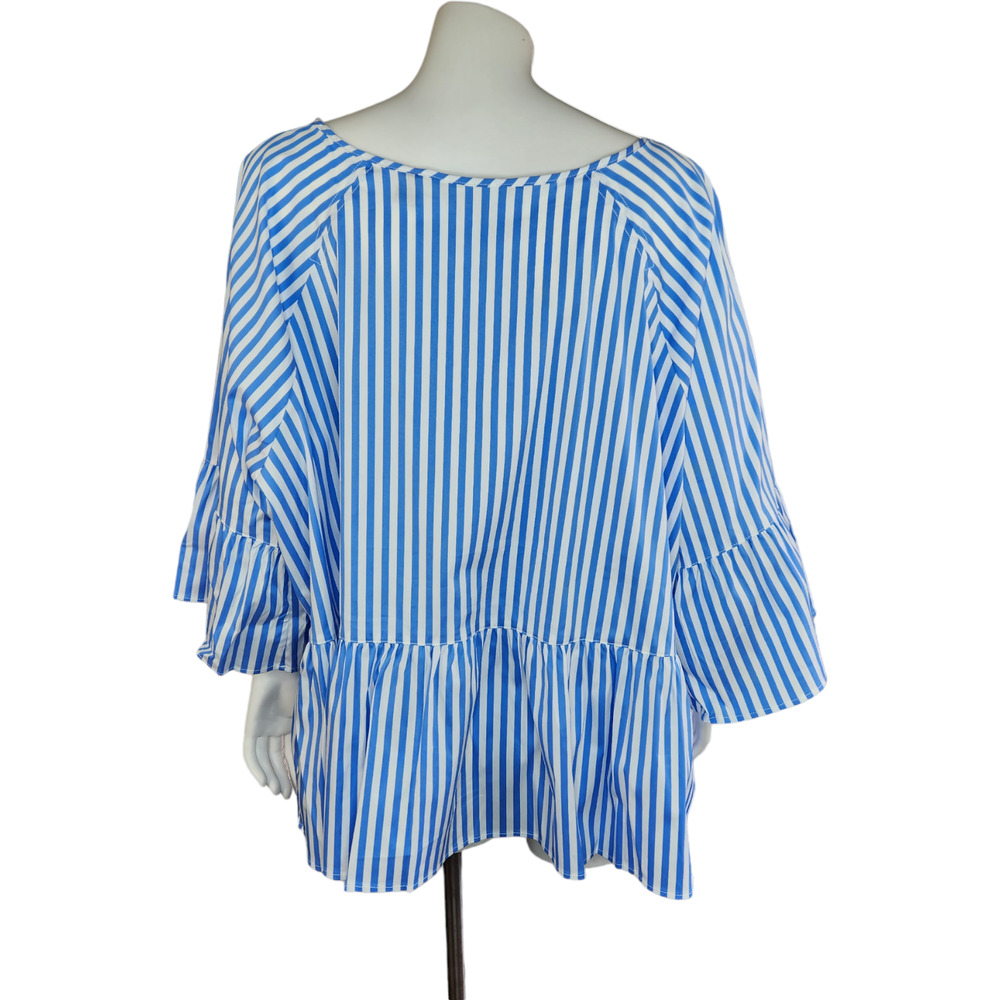 Lands End Popover Blouse Peplum Bell Sleeve Scoop Neck Striped Blue White 24W - Picture 6 of 11